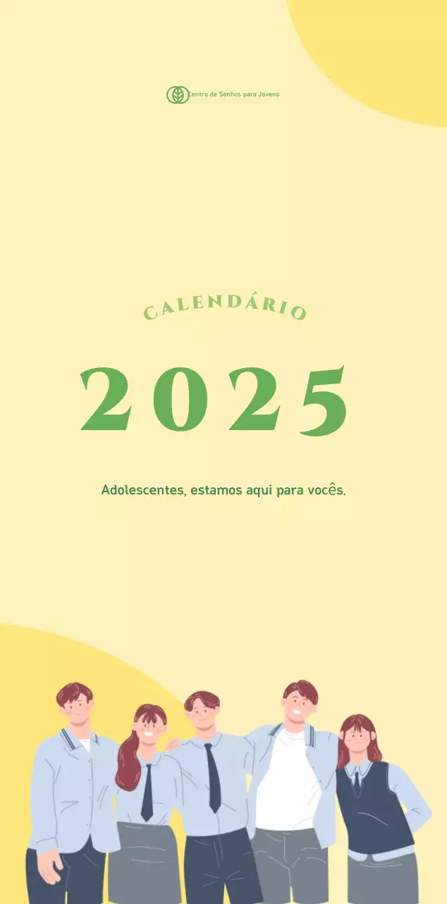 Calendário com ilustrações de jovens num fundo amarelo-verde