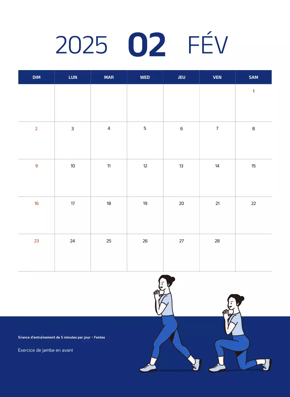 Calendrier simple avec des illustrations bleues et épurées
