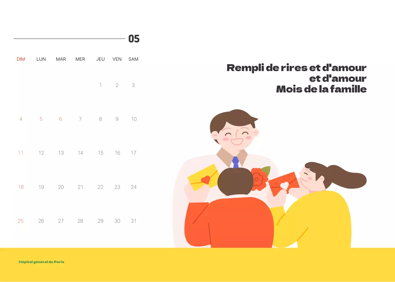 Un hôpital festif avec des illustrations sur le thème de la santé et de la famille et des accents colorés.