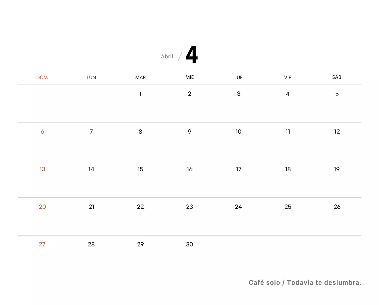 Sencillo calendario de sobremesa con fotos de cafés en tonos blancos