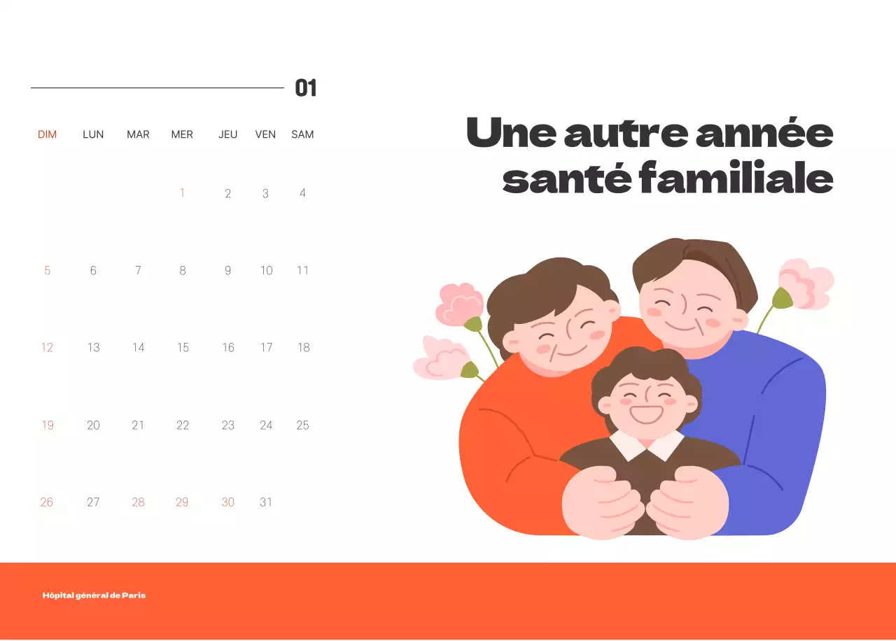 Un hôpital festif avec des illustrations sur le thème de la santé et de la famille et des accents colorés.