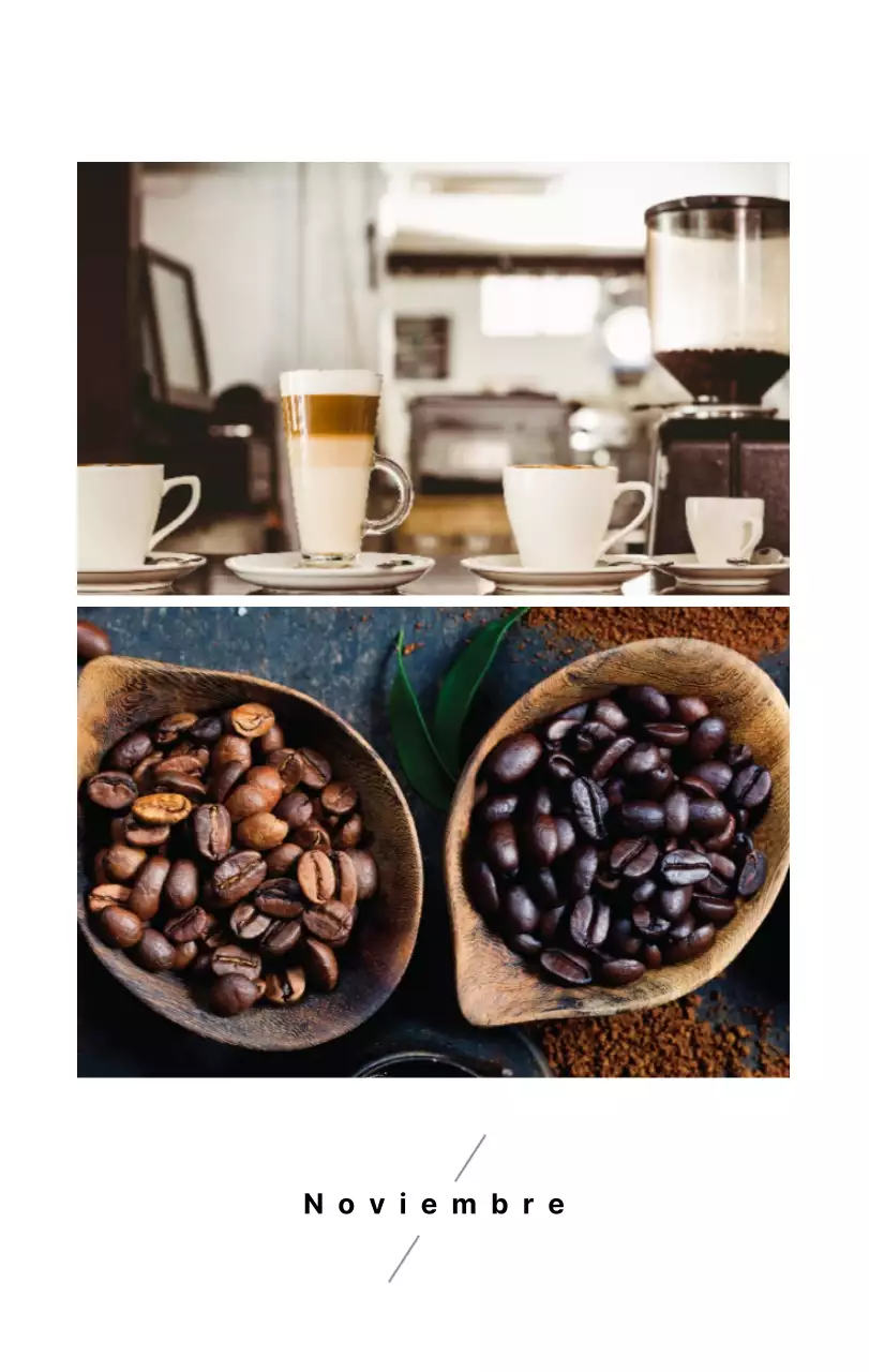 Sencillo calendario de sobremesa con fotos de cafés en tonos blancos