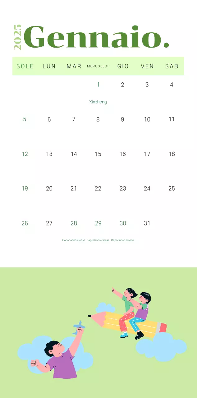 Calendario con illustrazioni giovanili su sfondo giallo-verde