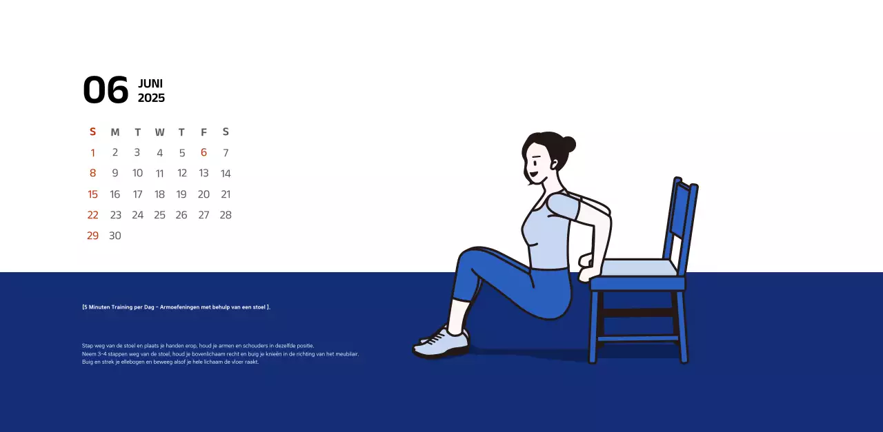 Eenvoudige kalender met blauwe, strakke illustraties