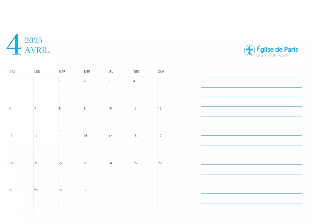 Calendrier d'église moderne bleu