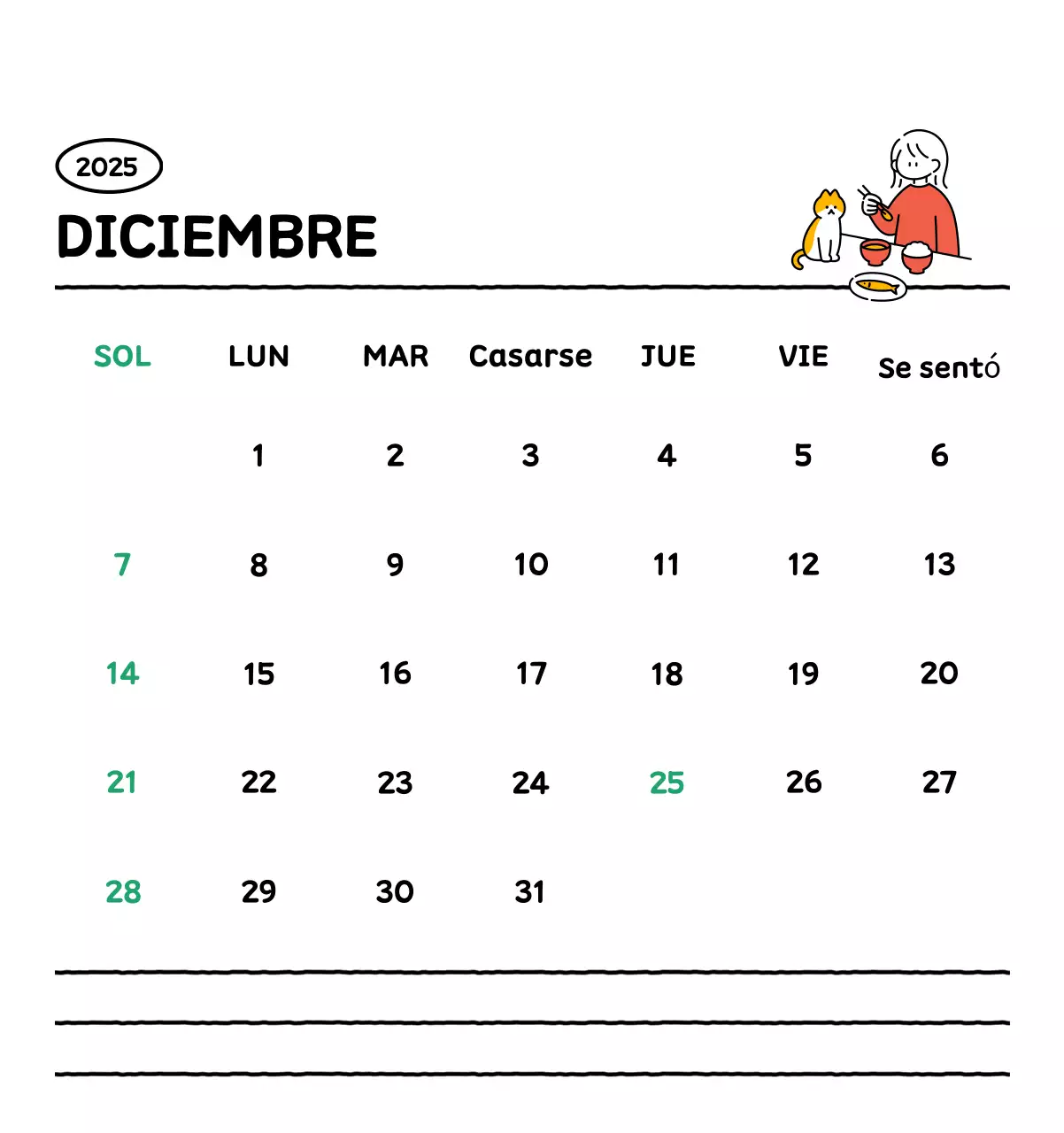 Calendario ilustrado con un bonito estilo de líneas