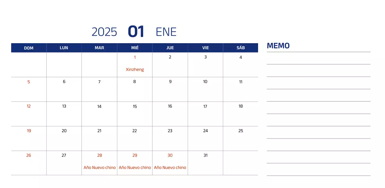 Calendario sencillo con ilustraciones azules y limpias