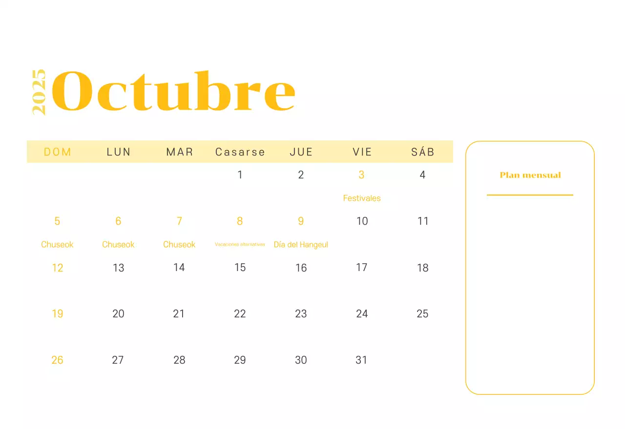 Calendario con ilustraciones juveniles sobre fondo amarillo verdoso