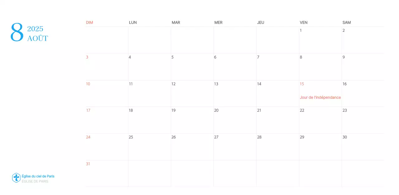 Calendrier d'église moderne bleu