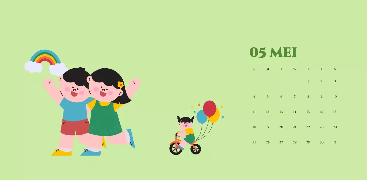 Kalender met jeugdillustraties op een geelgroene achtergrond