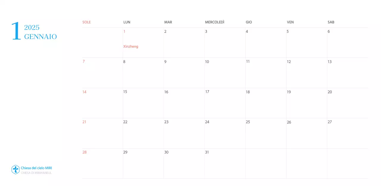 Calendario ecclesiastico blu di concezione moderna