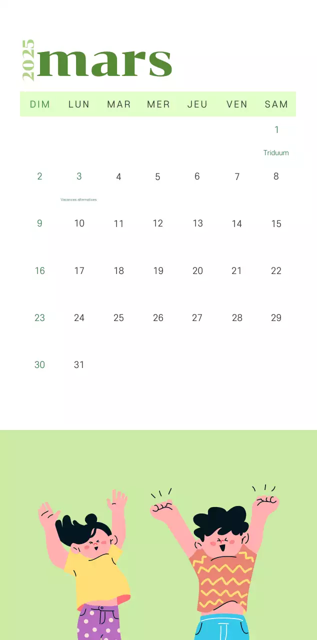 Calendrier avec illustrations de jeunes sur fond jaune-vert