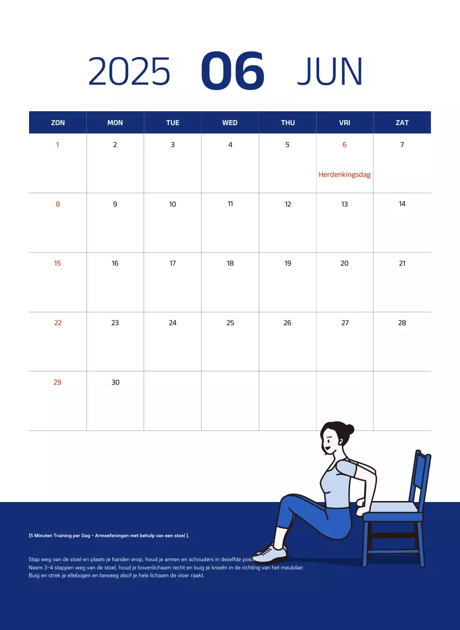 Eenvoudige kalender met blauwe, strakke illustraties