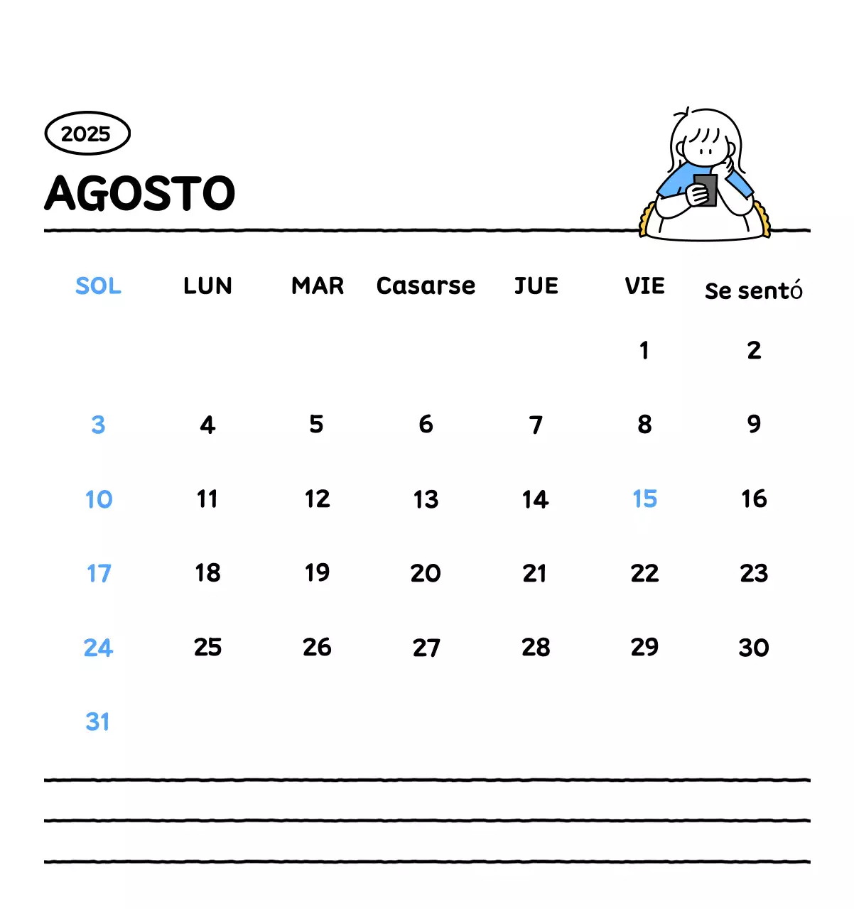 Calendario ilustrado con un bonito estilo de líneas