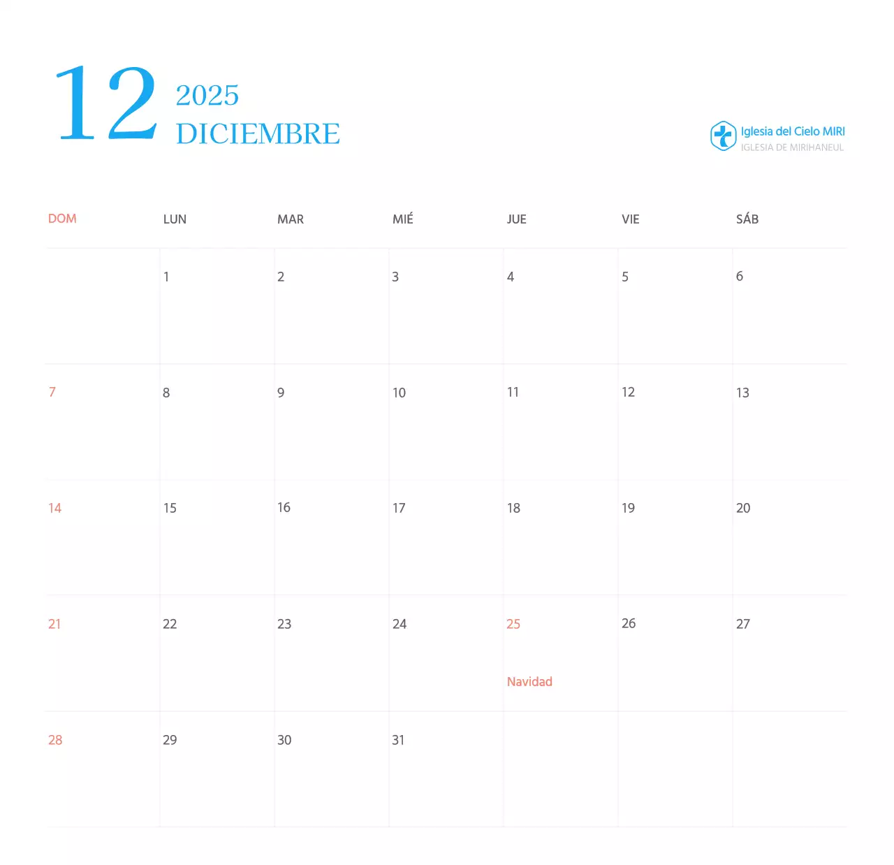 Calendario eclesiástico azul de concepto moderno