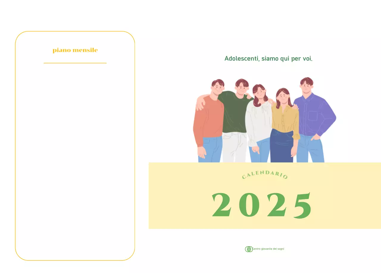 Calendario con illustrazioni giovanili su sfondo giallo-verde