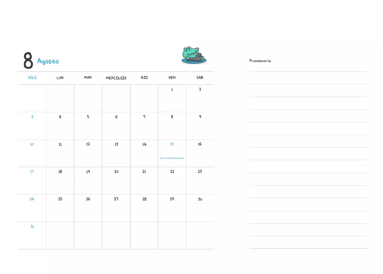 Un calendario con un simpatico concetto di illustrazione di Ago