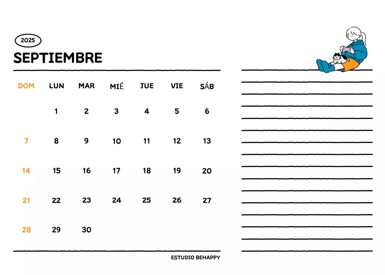 Calendario ilustrado con un bonito estilo de líneas