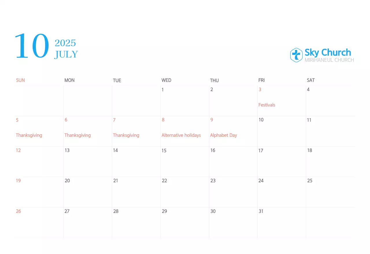 Kalender gereja berkonsep modern berwarna biru