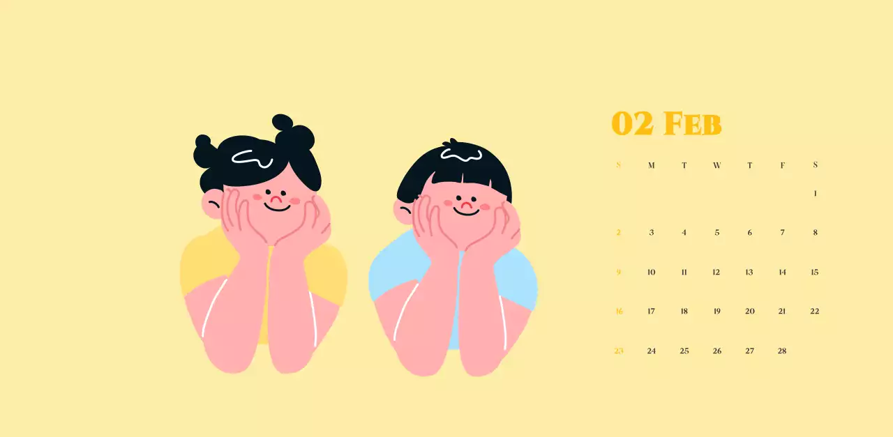 Kalender mit Jugendillustrationen auf gelb-grünem Hintergrund