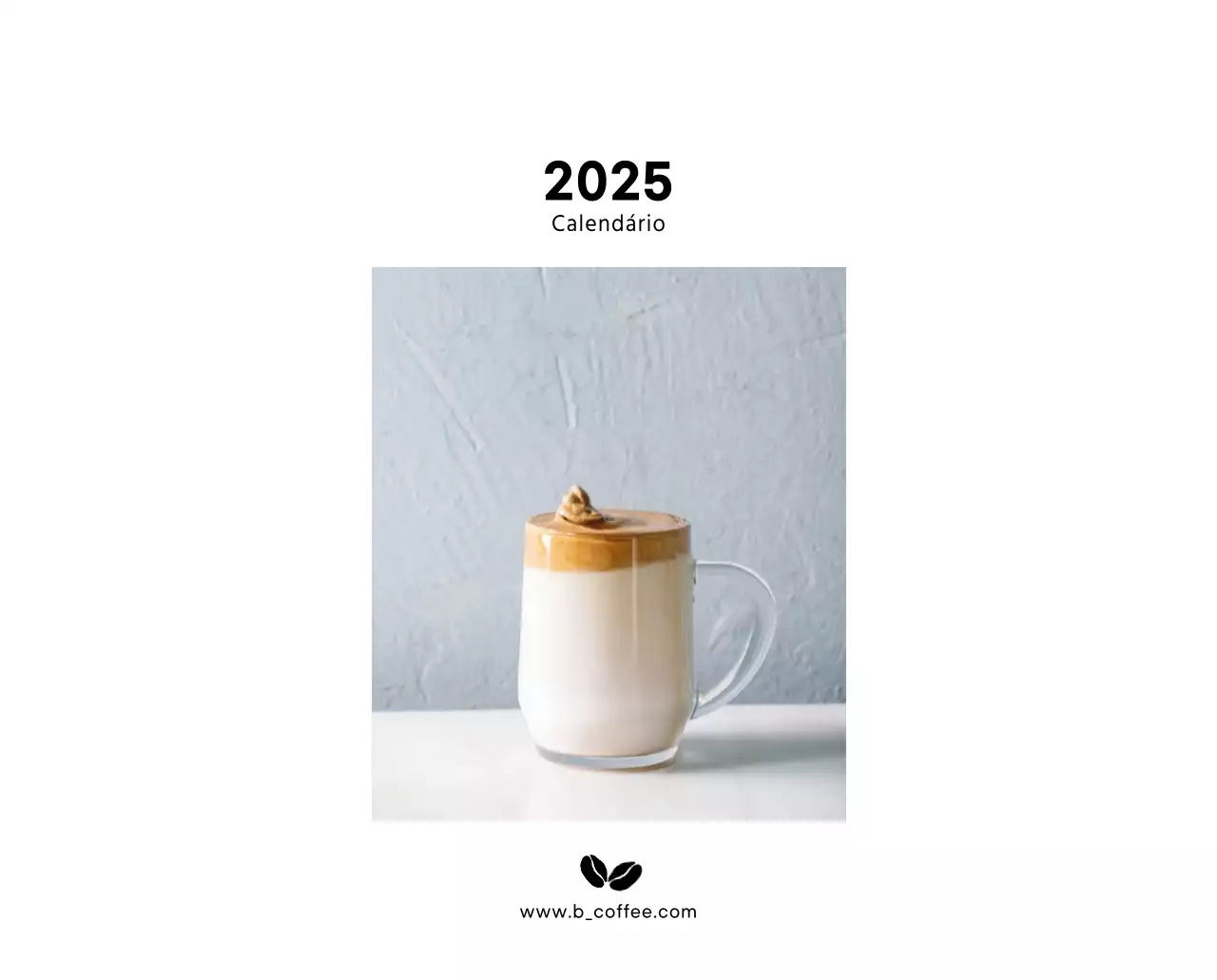 Calendário de secretária simples com fotografia de café para cafés em tons de branco