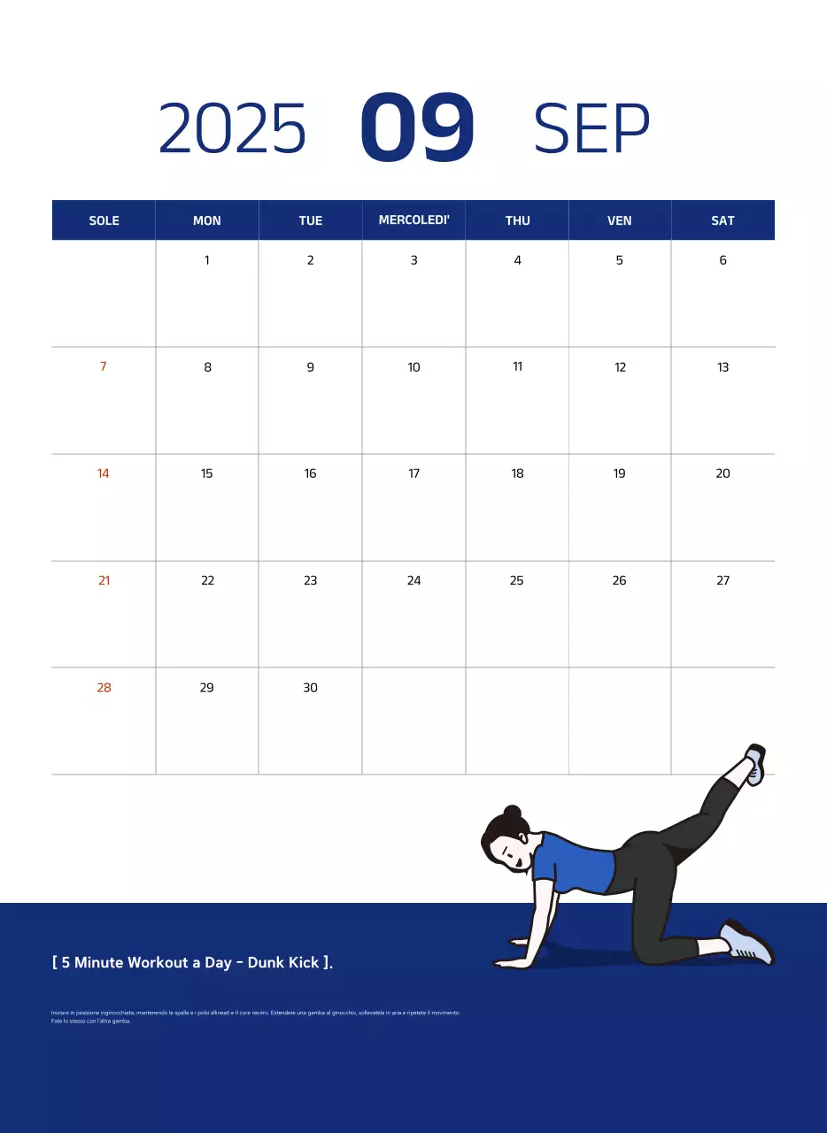 Calendario semplice con illustrazioni blu e pulite