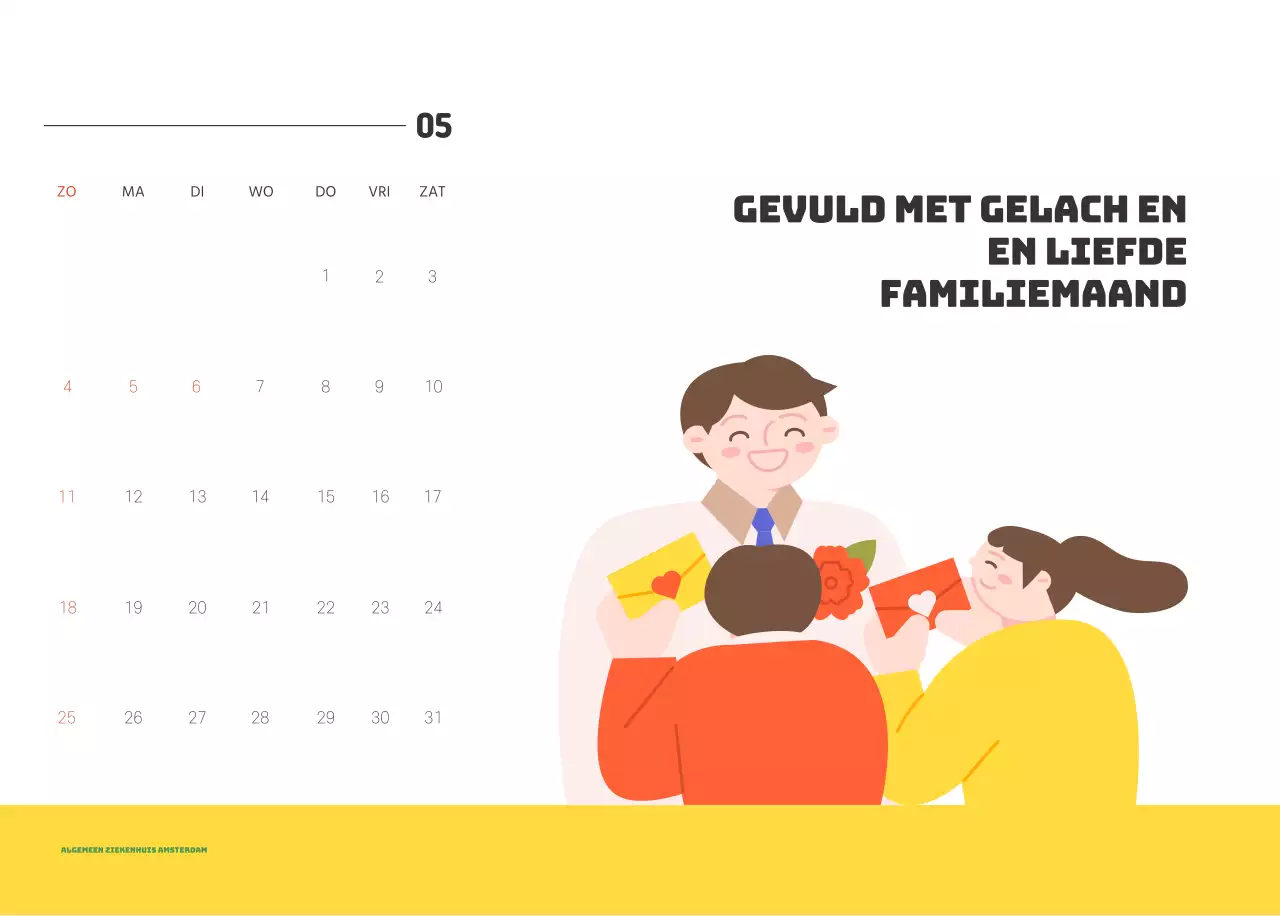 Een feestelijk ziekenhuis met illustraties met gezondheids- en gezinsthema's en kleurrijke accenten