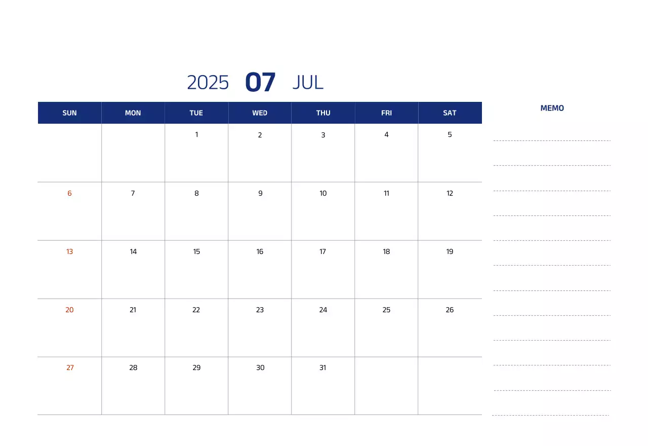 Simple calendar with blue, clean illustrations