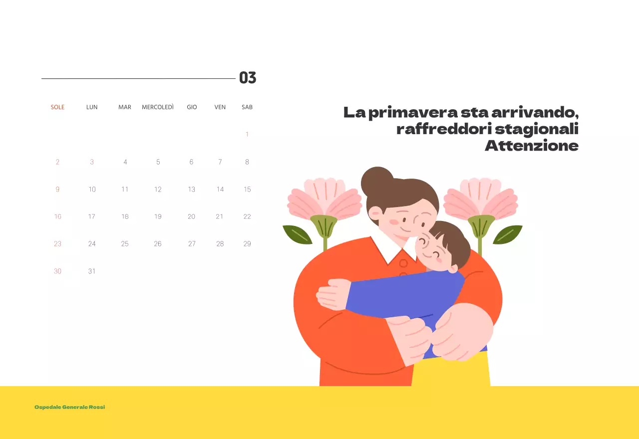 Un ospedale festivo con illustrazioni a tema salute e famiglia e accenti colorati