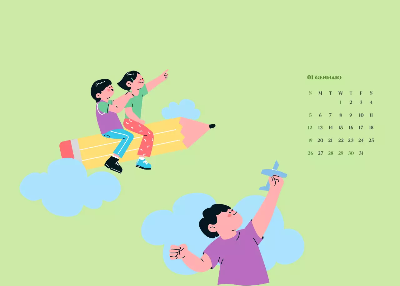 Calendario con illustrazioni giovanili su sfondo giallo-verde