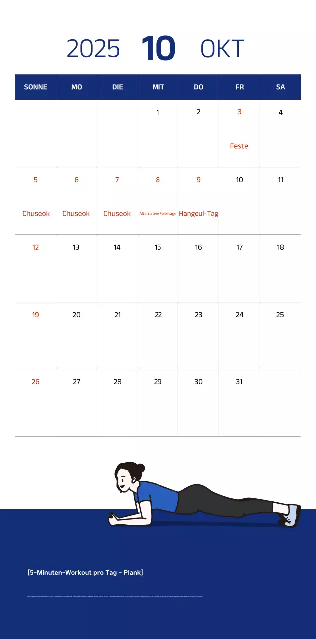 Einfacher Kalender mit blauen, klaren Illustrationen