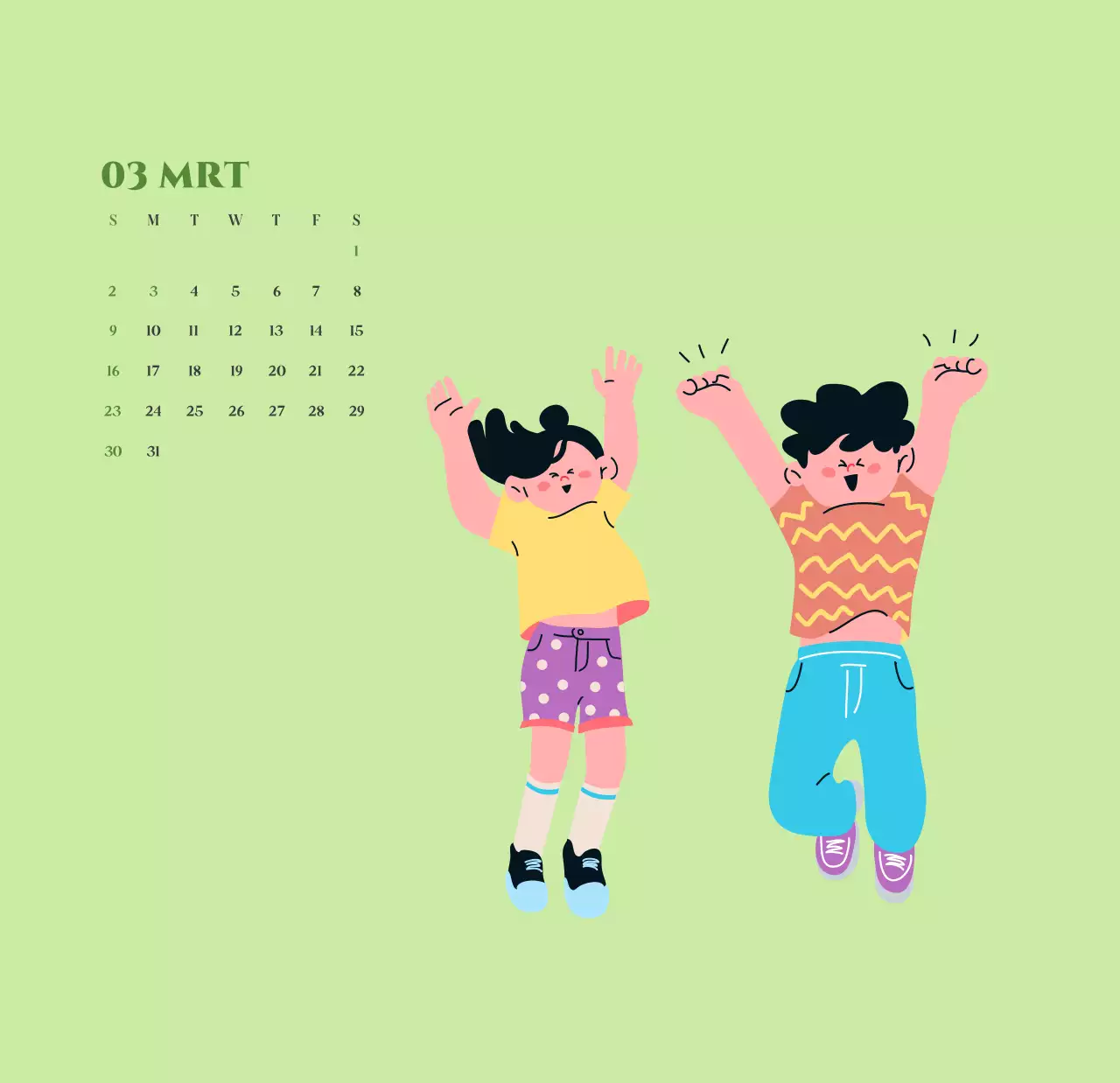 Kalender met jeugdillustraties op een geelgroene achtergrond