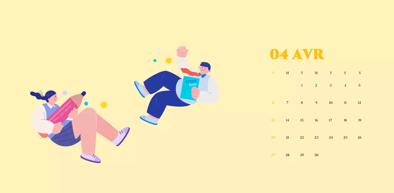 Calendrier avec illustrations de jeunes sur fond jaune-vert