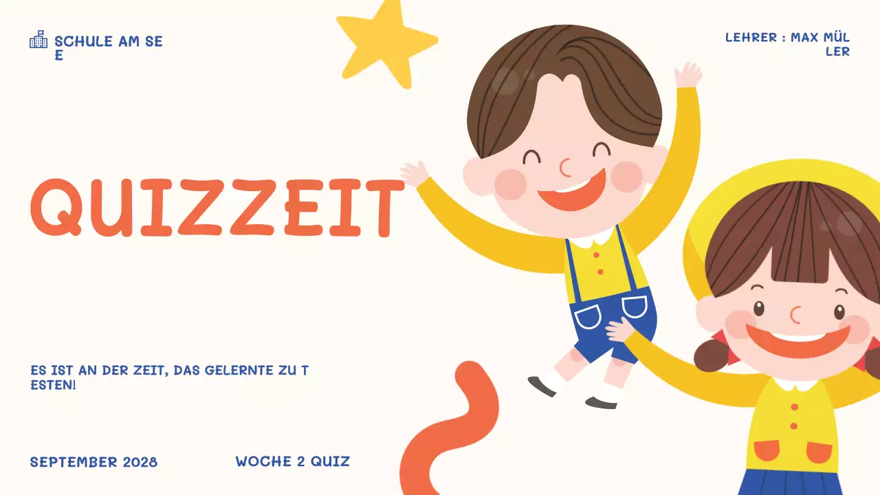 orangefarbene spielerische Schulveranstaltung Quiz Zeit Präsentation