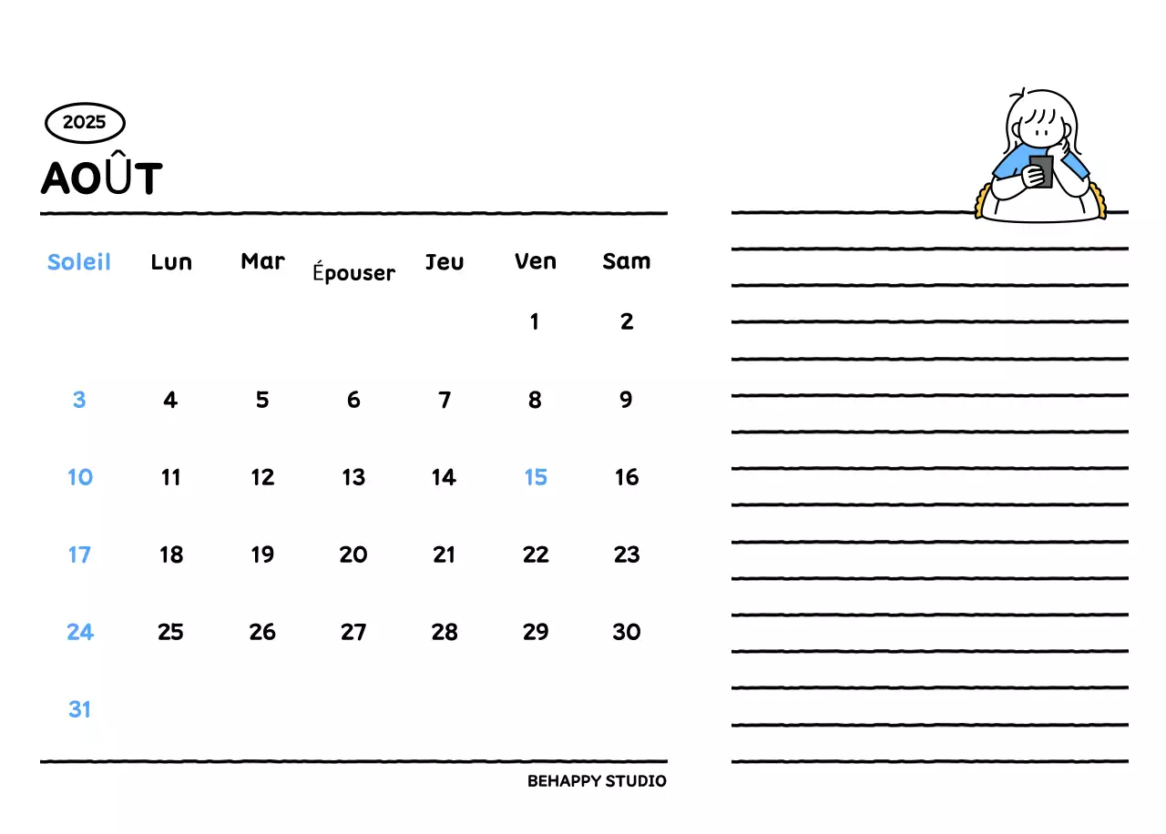 Calendrier illustré avec un joli style de lignes