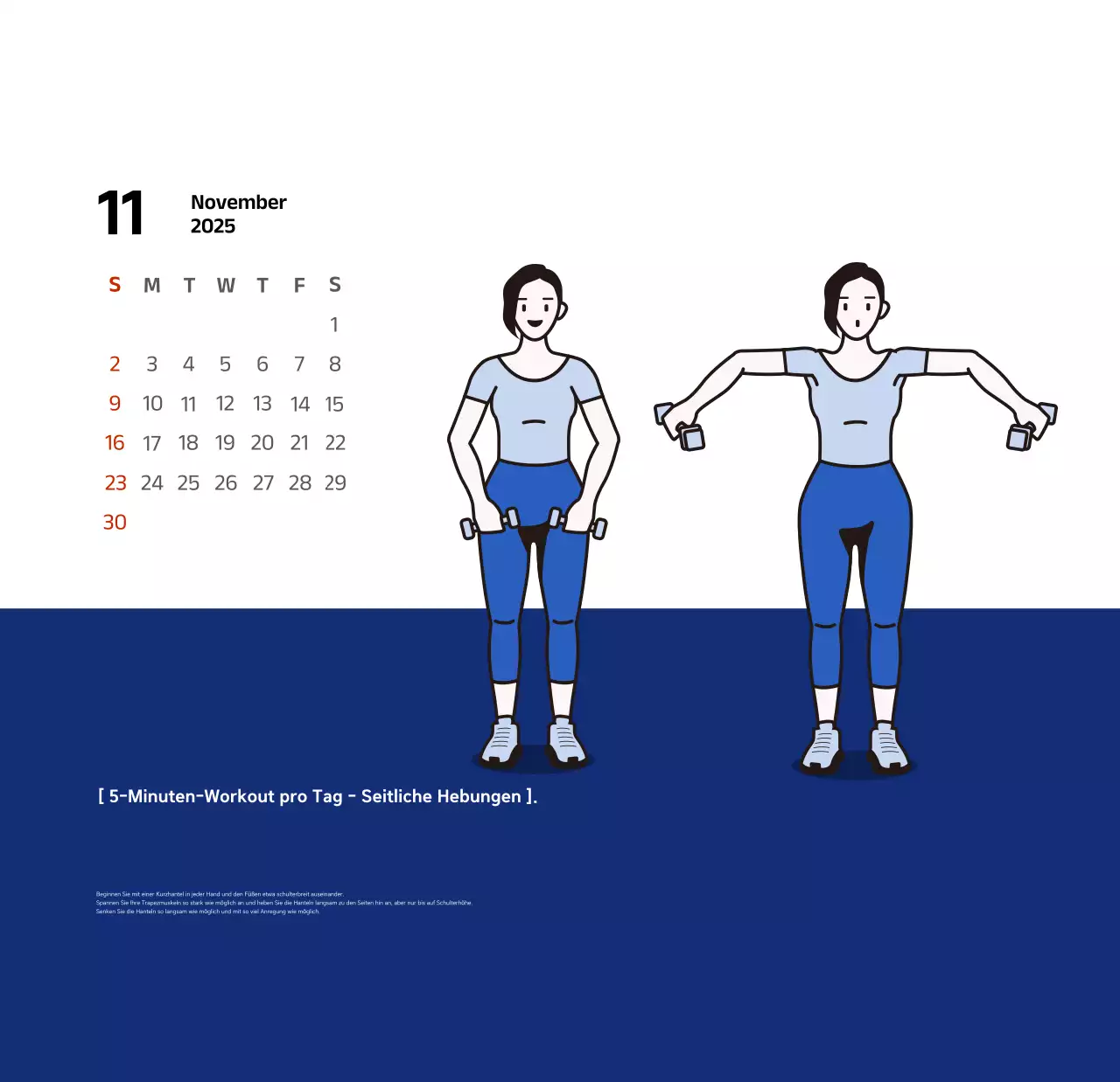 Einfacher Kalender mit blauen, klaren Illustrationen