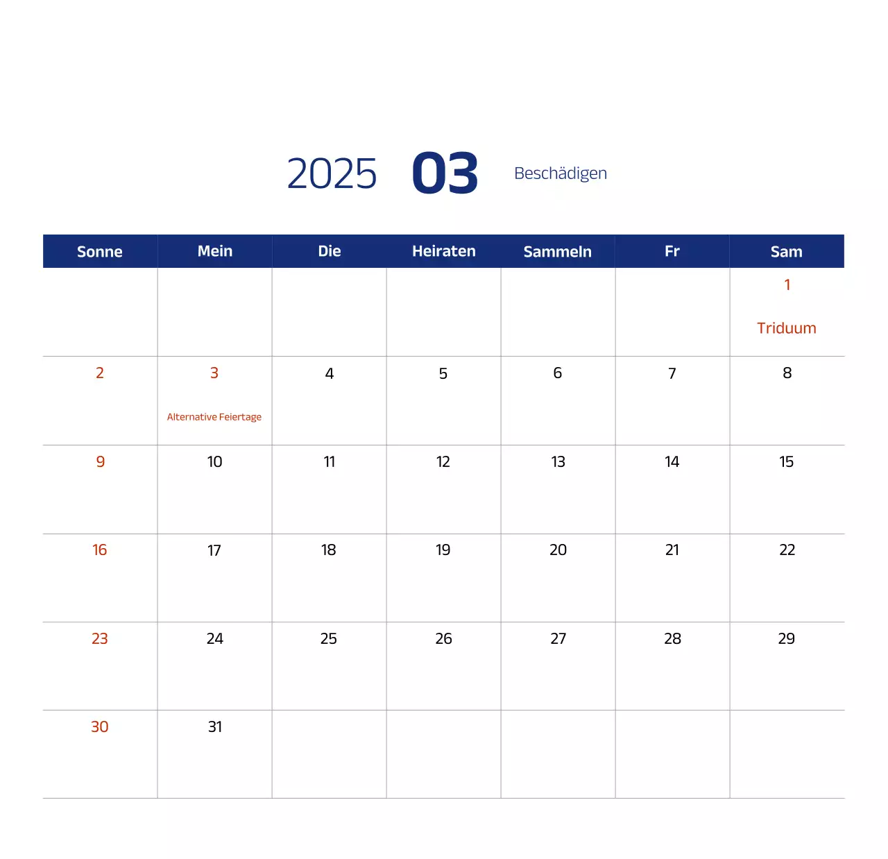 Einfacher Kalender mit blauen, klaren Illustrationen