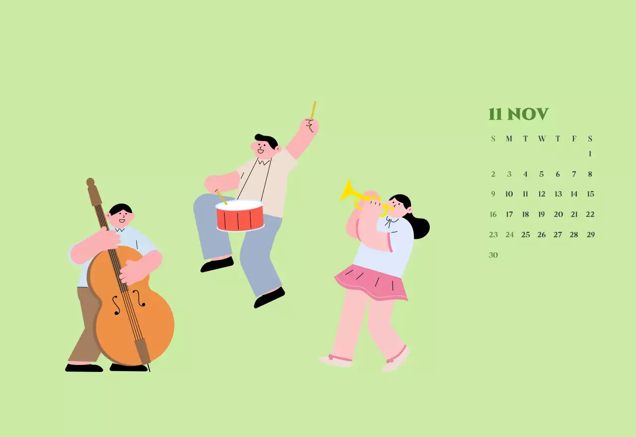 黄緑色の背景に青少年のイラストが描かれたカレンダー