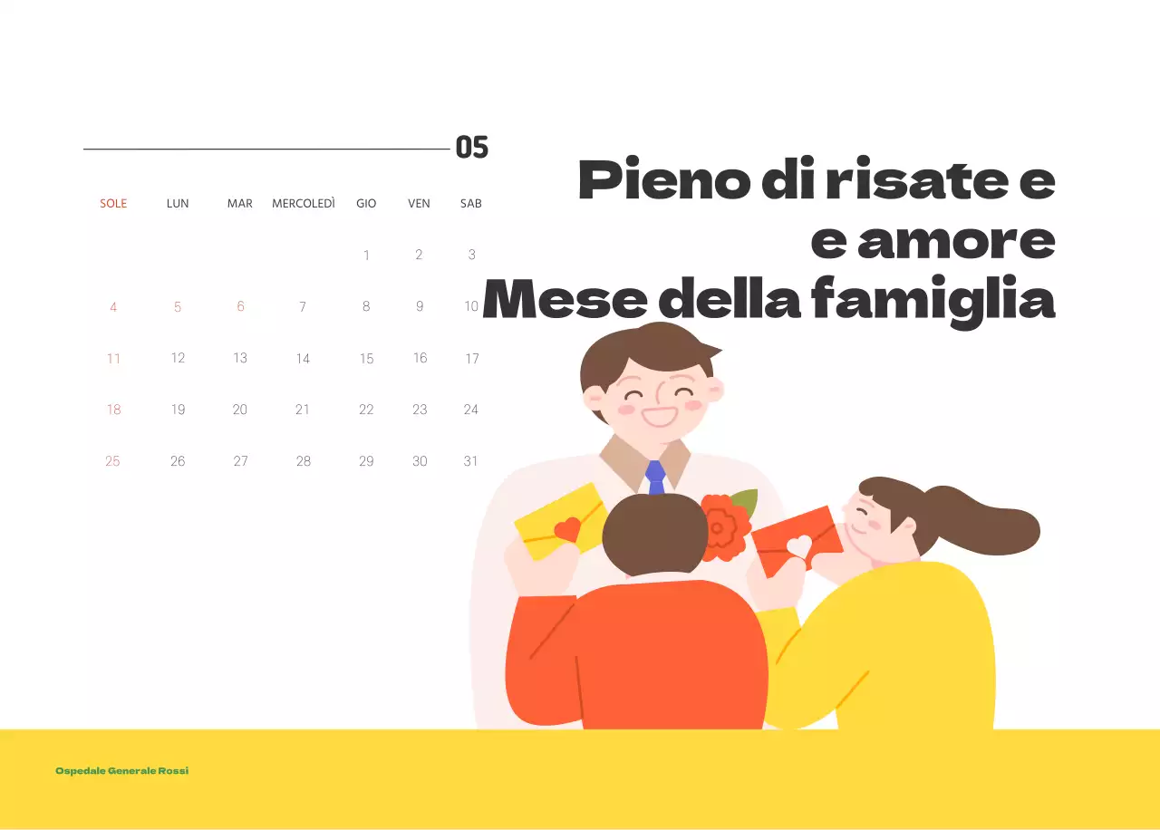 Un ospedale festivo con illustrazioni a tema salute e famiglia e accenti colorati