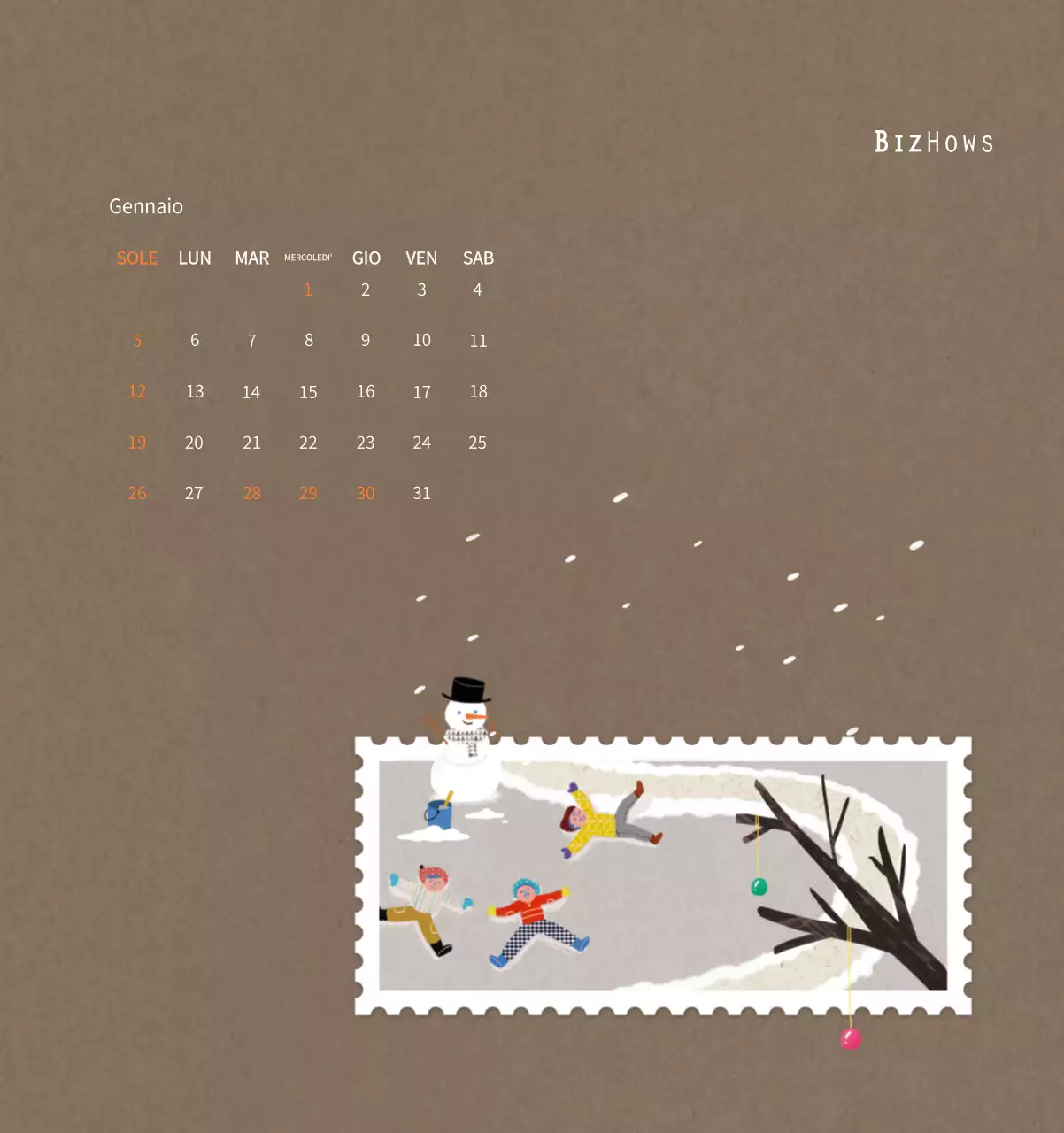 Calendario di Capodanno con una calda illustrazione