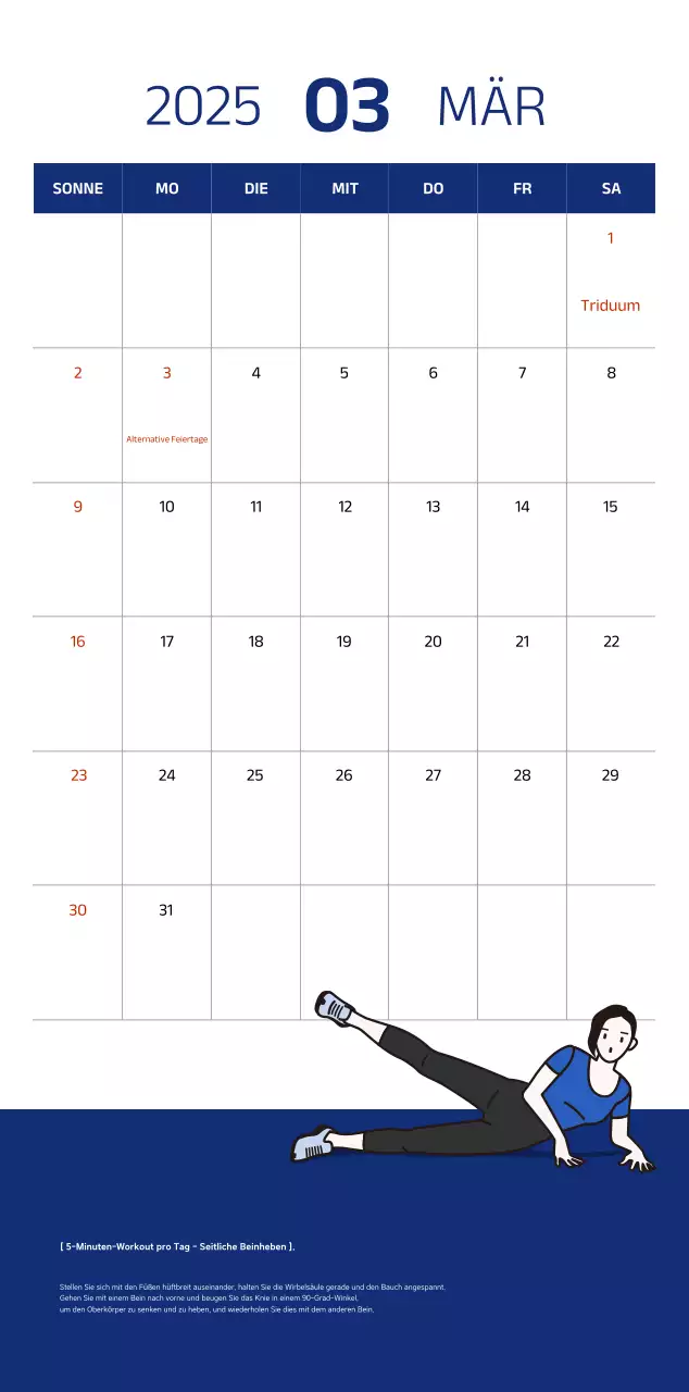 Einfacher Kalender mit blauen, klaren Illustrationen