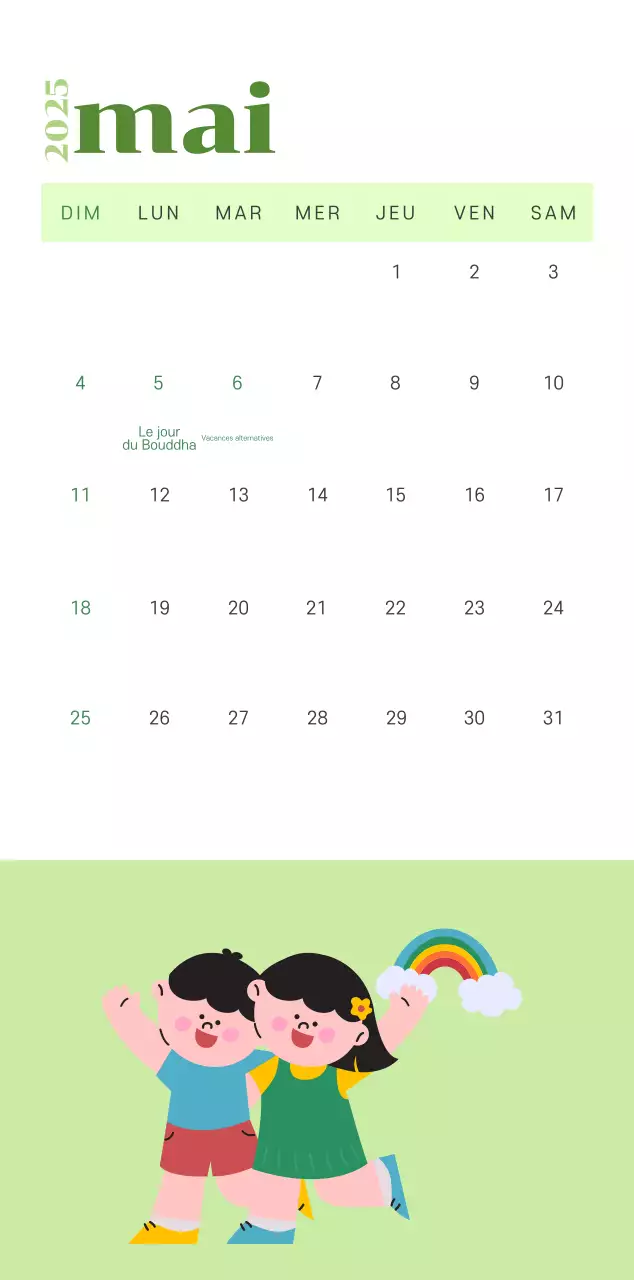 Calendrier avec illustrations de jeunes sur fond jaune-vert