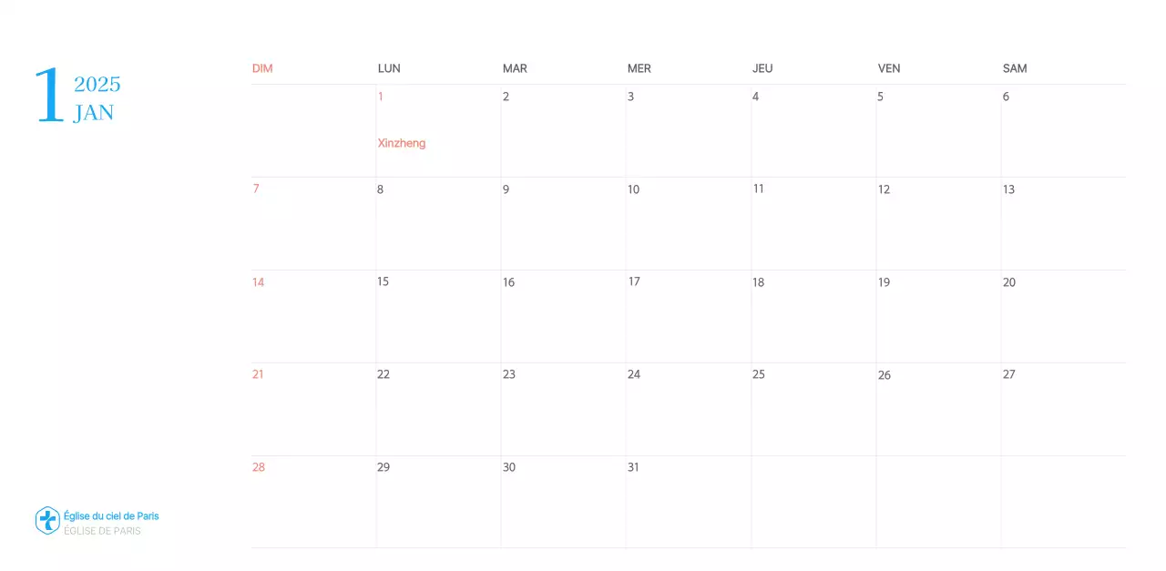 Calendrier d'église moderne bleu