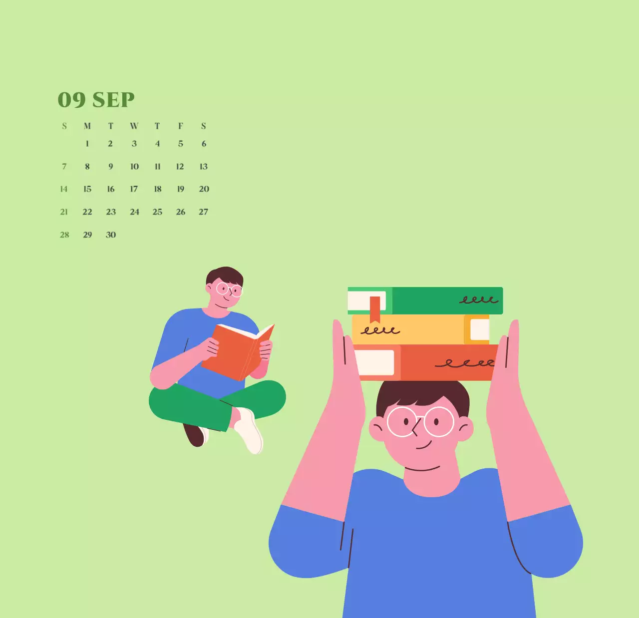 Kalender met jeugdillustraties op een geelgroene achtergrond