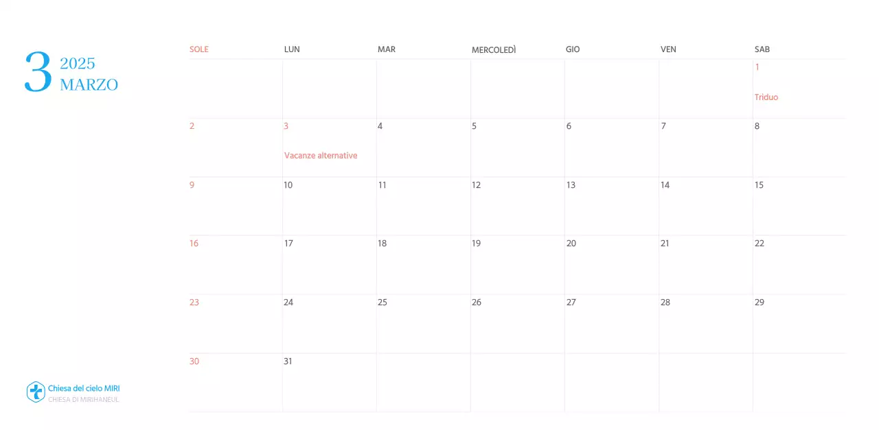 Calendario ecclesiastico blu di concezione moderna