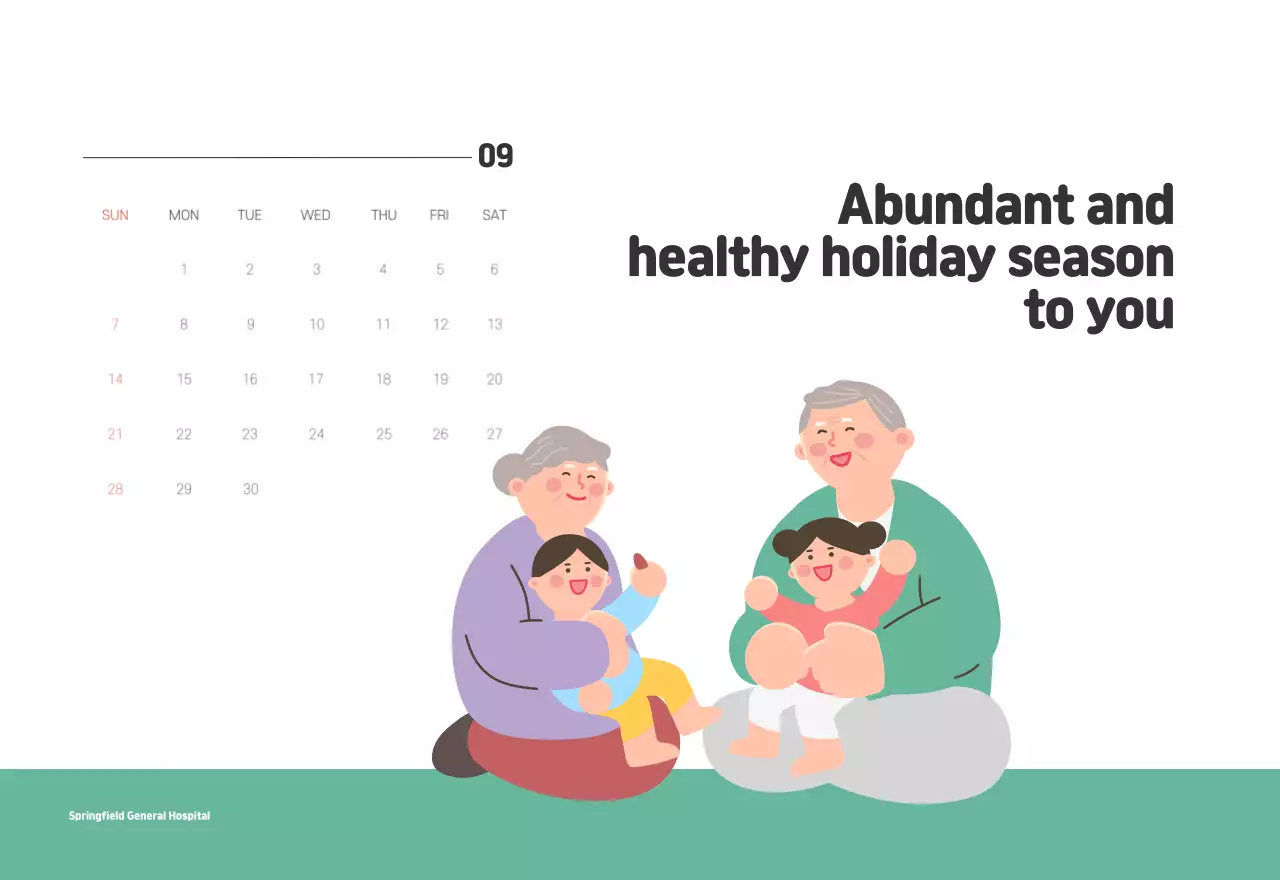 A holiday hospital with health and family themed illustrations and colorful accents