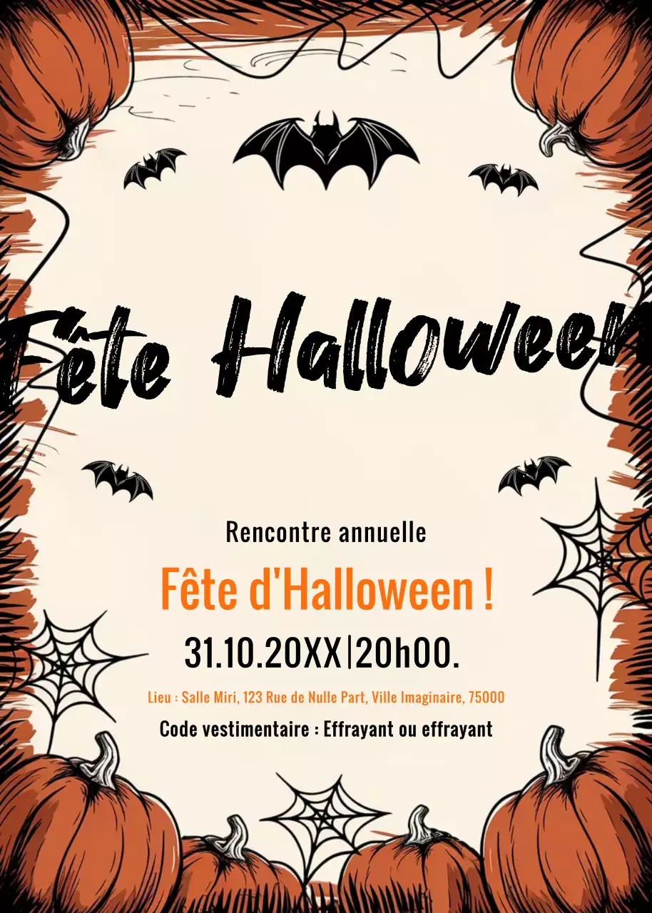 Invitation à la fête d'Halloween en beige, orange et noir