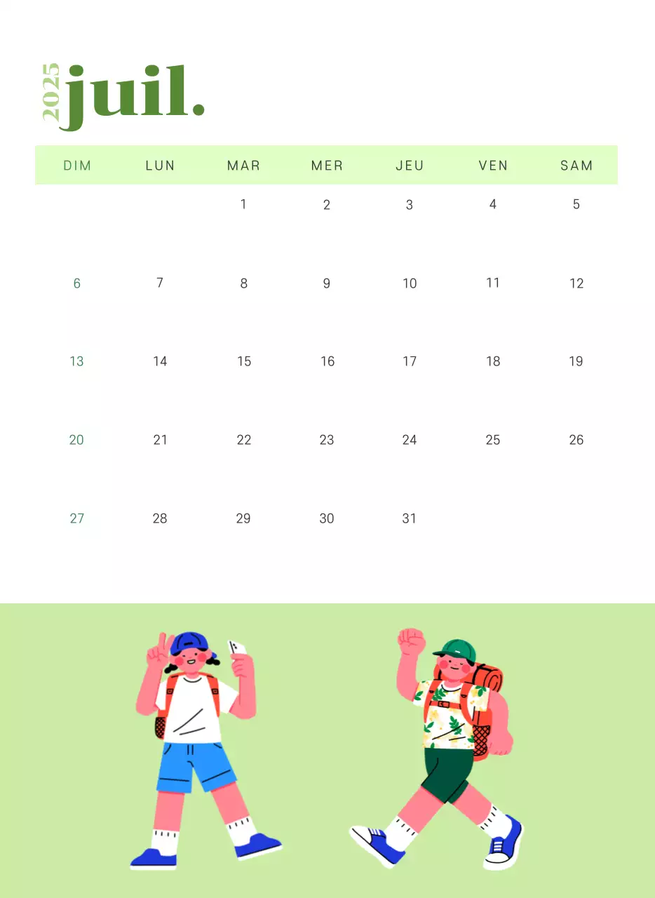 Calendrier avec illustrations de jeunes sur fond jaune-vert