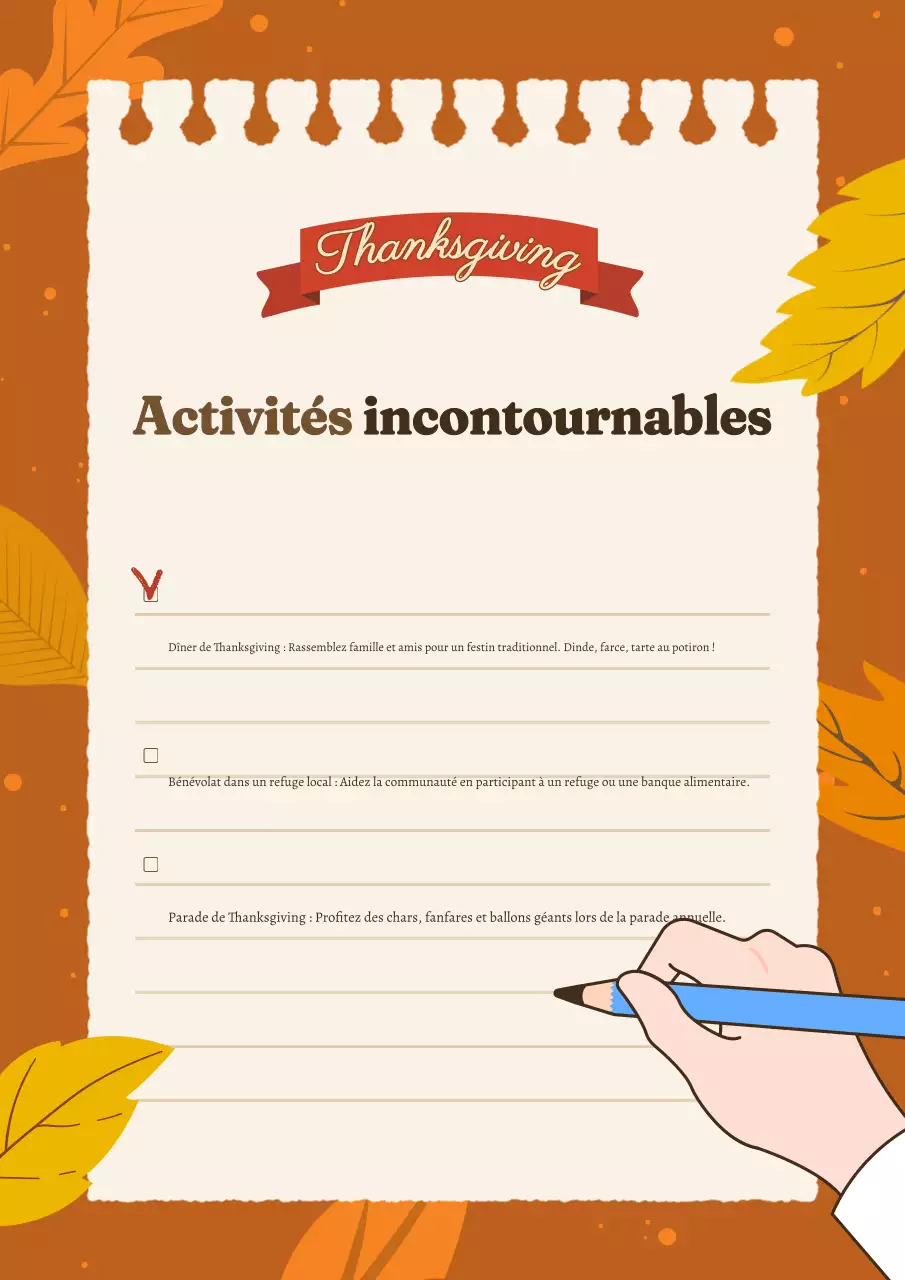 Liste de contrôle traditionnelle orange pour Thanksgiving