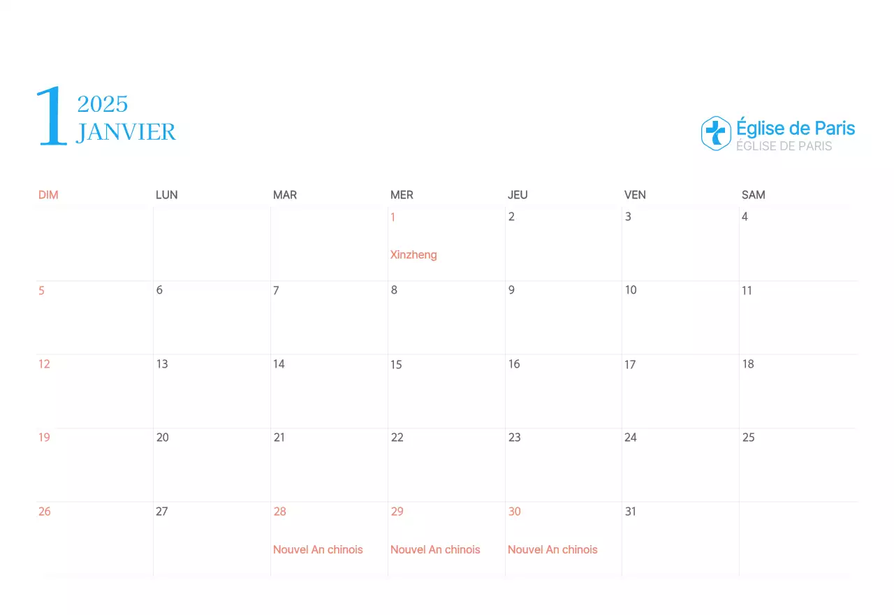 Calendrier d'église moderne bleu